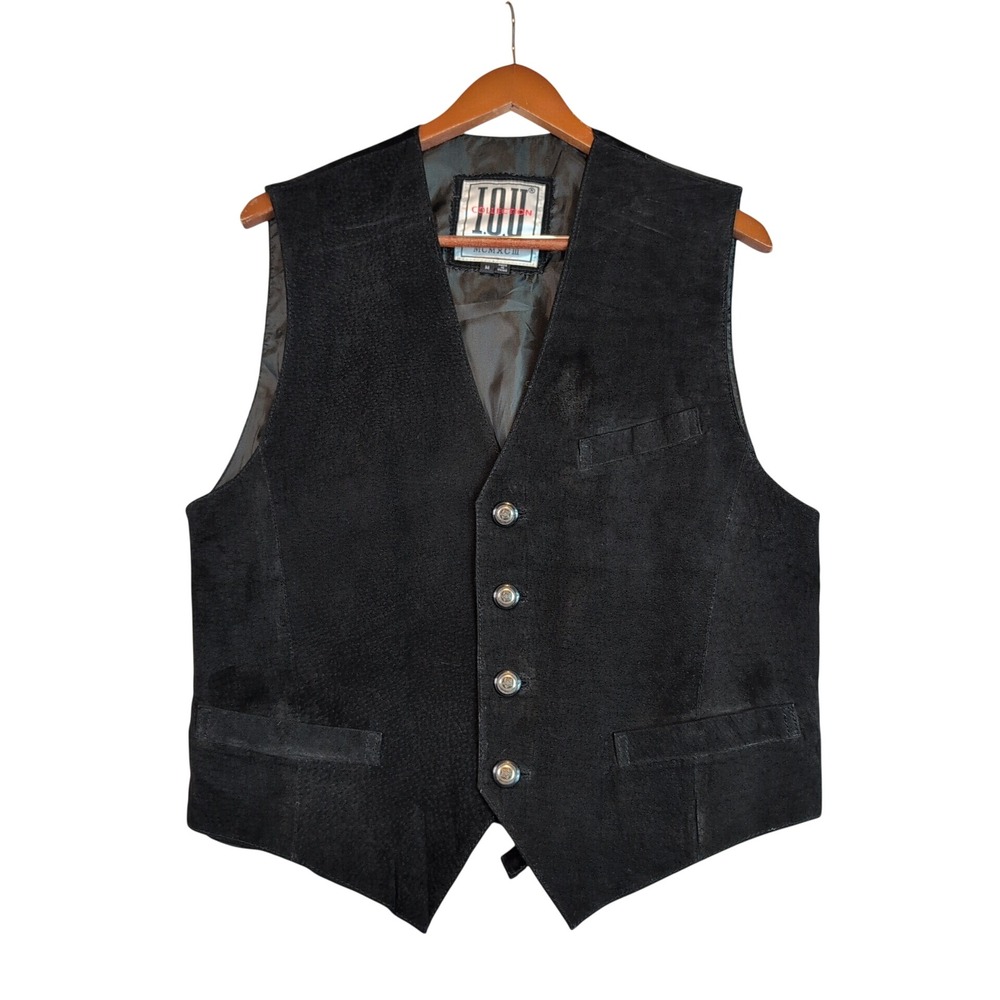 Vintage IOU Black Suede Leather Vest Mens Md 4 Button Cinch Back Western Goth